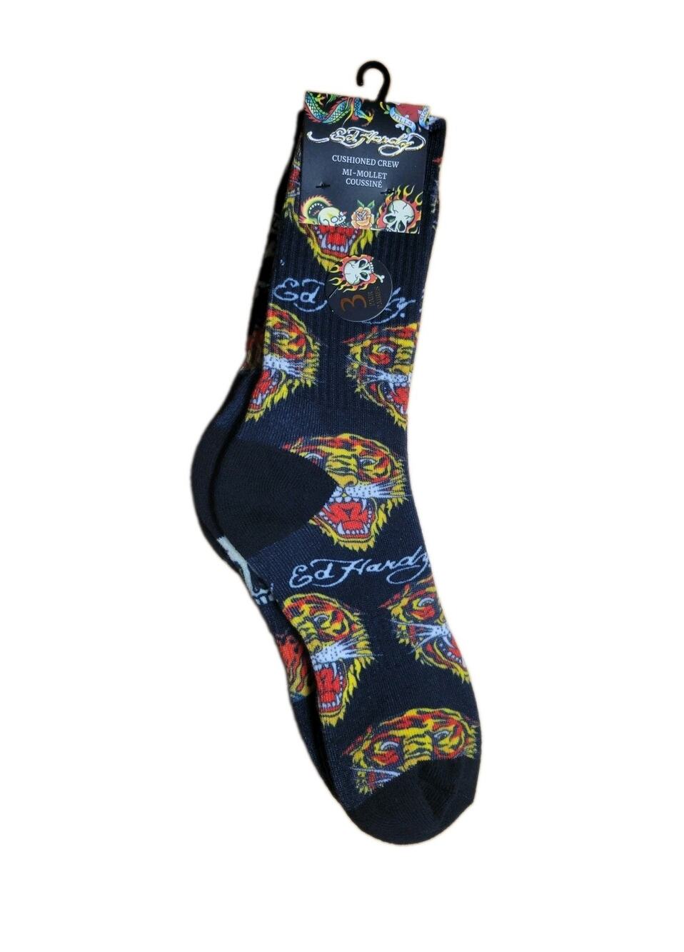 Ed Hardy 3pack Men's Cushioned Crew Socks skulls Tigers flames size 6-12 NEW